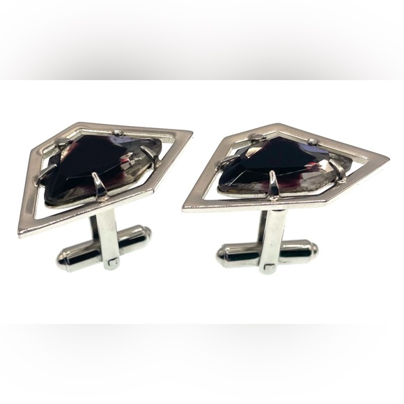 VTG 70s Hickok Cufflinks Silver Tone Asymmetrical Faceted Amethyst Gem Signed - Picture 6 of 12